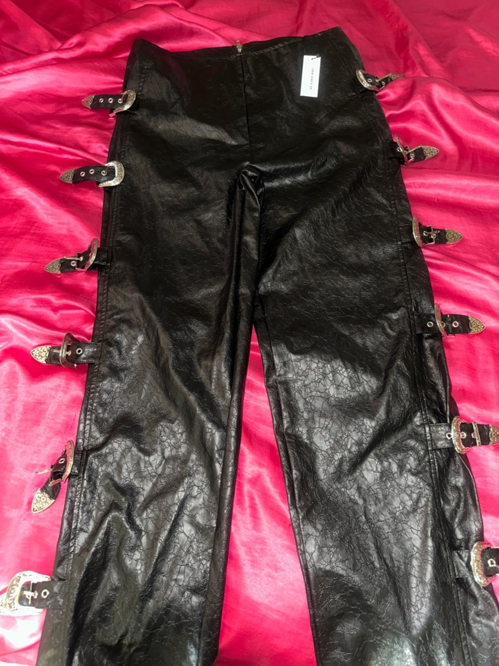 Nasty Gal Black Faux Leather Flare Pants with Buckle Details